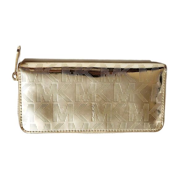 MICHAEL KORS JET SET METALLIC CONTINENTAL ZIP AROUND MK LOGO WALLET - Picture 10 of 10